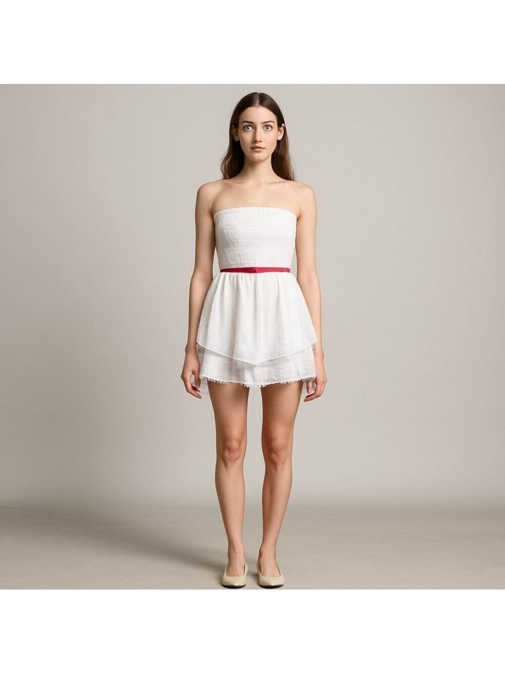 White Pleated Tube Top Romper Ruffled Hem